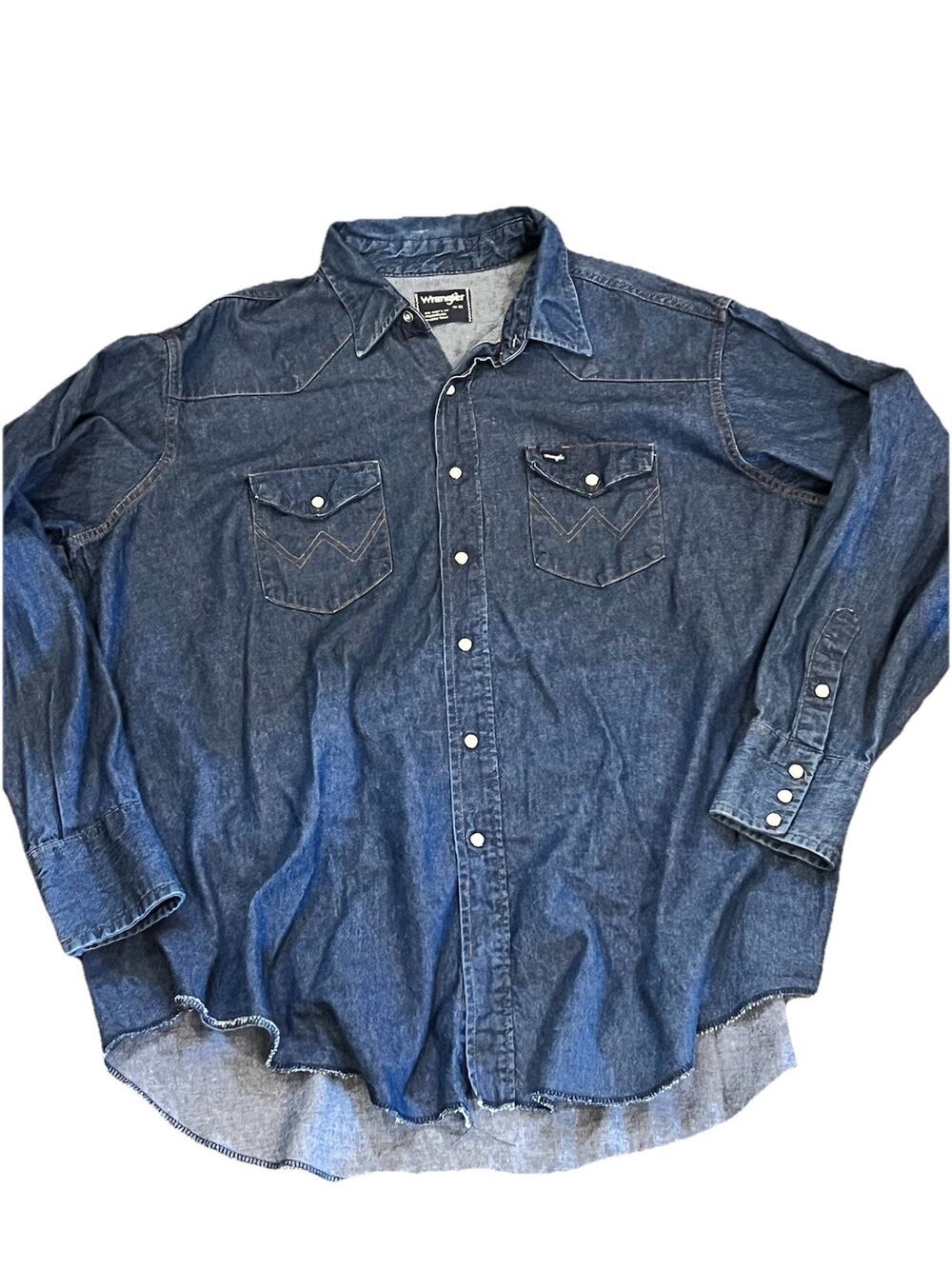Wrangler Pearl Snap Blue Denim Shirt Mens 19-36 Big Man’s Fit X-Long Tails